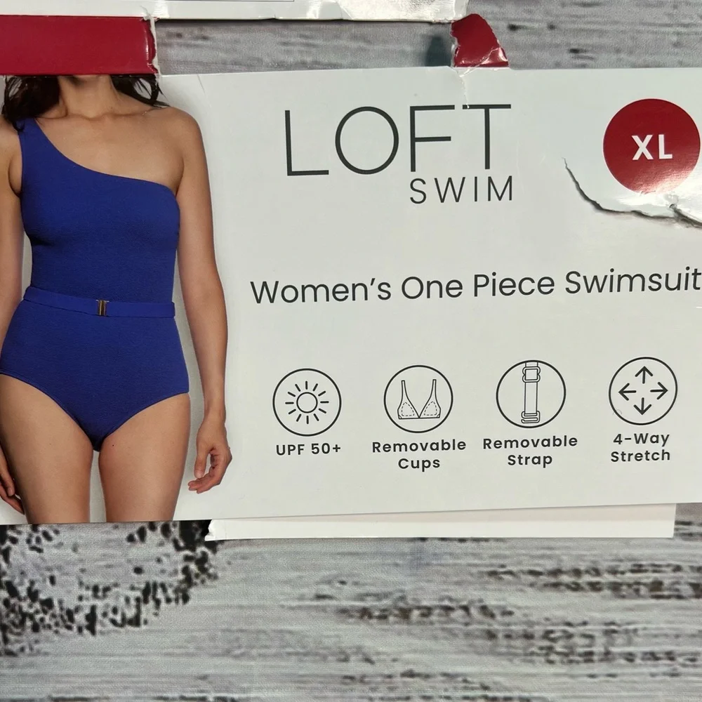 Loft XL Solid Blue Asymmetrical Textured One‎ Piece Swimsuit One Shoulder NEW